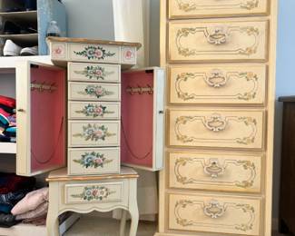 Tall cream-colored 6-drawer lingerie chest and a standing jewelry armoire with floral hand-painted details