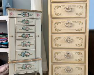 Tall cream-colored 6-drawer lingerie chest and a standing jewelry armoire with floral hand-painted details