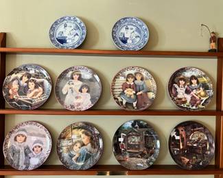 Decorative plates, including Delft baby plates, bird and children motifs