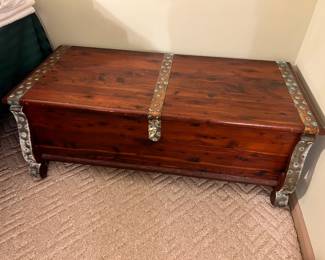 Second Stewart Tennessee Red Cedar hope chest featuring ornate metal corner straps and matching hardware (there is oxidation)