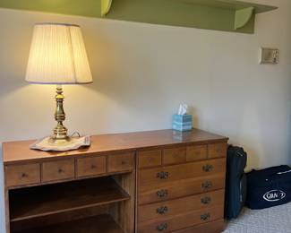 Ethan Allen solid wood pieces, including a classic 4-drawer dresser and an open-shelf unit