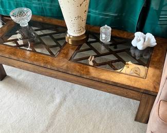 Vintage burl wood coffee table with glass and geometric inlay