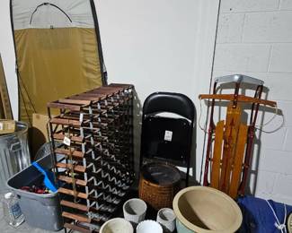 wine rack or jars storage, Vintage sled , Lots of Portable Solar panels and accessories