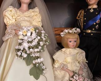 1986 Danbury Mint Porcelain Royal Wedding Princess Diana, Prince Charles, Flower Girl. Porcelain Dolls