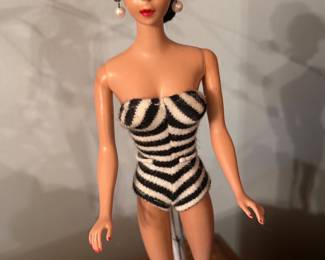 Vintage 1961 #5 Pony Tail Brunette Barbie Doll, NO GREEN ears! Original Zebra Swimsuit, Black Heels. Original Stand