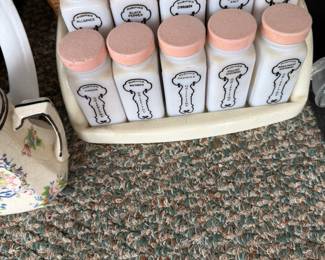 Vintage 1940's Griffith's Milk Glass Pink Lids Spice Jars/Rack