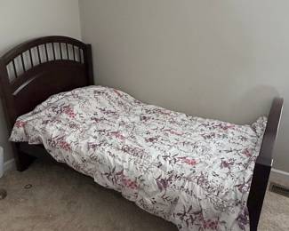 Dark Wood Twin Bed Frame with Arched Spindle Headboard and Footboard