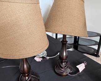 Traditional Wooden Base Table Lamps with Burlap Shades (Set of 2)