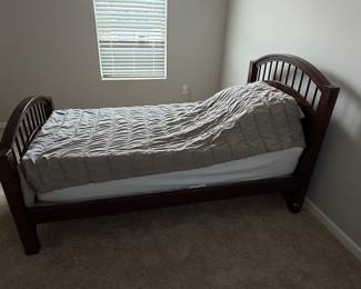 Dark Wood Twin Bed Frame with Arched Spindle Headboard and Footboard