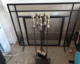 Black Metal Fireplace Screen with Brass Ball Top Fireplace Tool Set