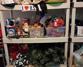 Holiday decorations shelf: patriotic, Christmas, wreaths