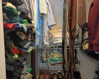 Men's closet with shirts, ties, and shoes
