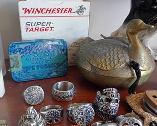 Winchester ammo box, men's silver rings, brass duck