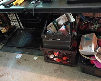 Wire dog crate and pet supply bins