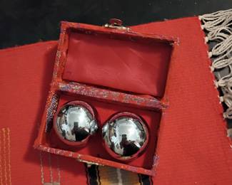 Chinese Baoding meditation balls in painted wood box