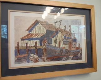Framed watercolor of fishing dock and boats