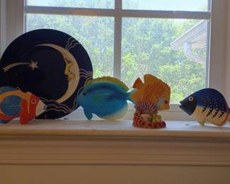Decorative moon plate and tropical fish figurines