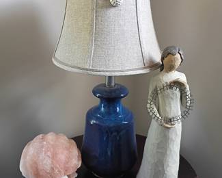 Blue pottery lamp, Willow Tree angel figurine, rose crystal
