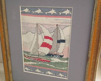 Framed cross-stitch sailboats needlepoint art