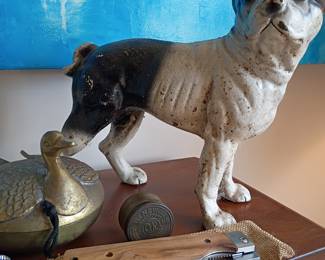Cast iron Boston Terrier doorstop and brass duck