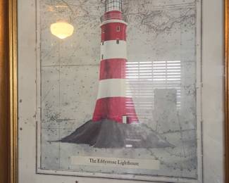 Framed Eddystone Lighthouse print on nautical map