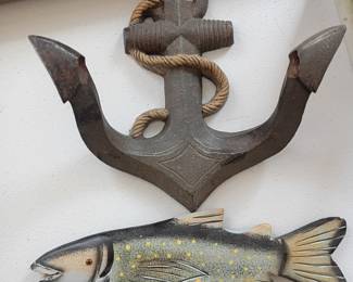 Wood anchor and fish wall decor, nautical