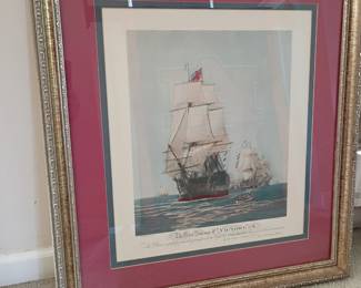 Framed tall ship nautical print, gold frame