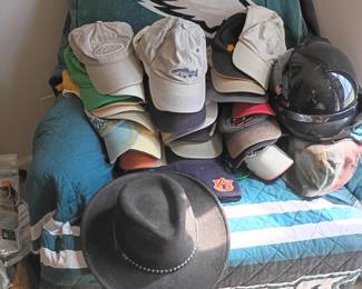 Hat collection: Stetson cowboy, fedoras, baseball caps
