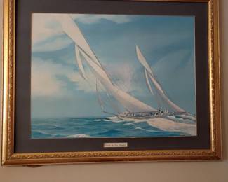 Framed yacht sailboat racing print, gold frame