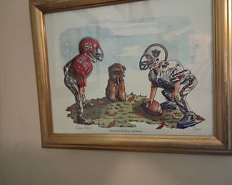 Framed signed college football print, gold frame