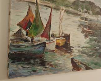 Original oil painting of sailboats in harbor