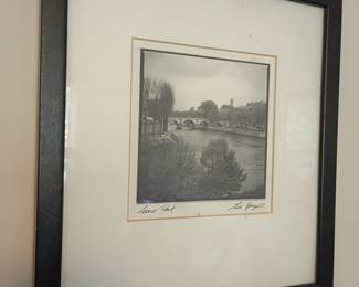 Signed sepia river bridge print, black frame