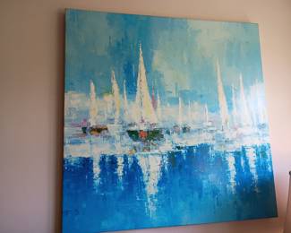 Large impressionist sailboat harbor canvas painting