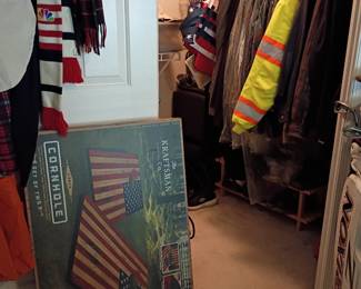Americana cornhole game and winter jackets