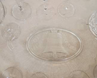 Liberty Bell glass platter and crystal stemware