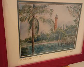 Framed Jupiter Lighthouse Florida print, red frame