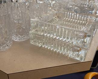 Crystal cordial glasses and tumblers on tray