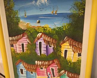 Caribbean folk art painting in yellow frame