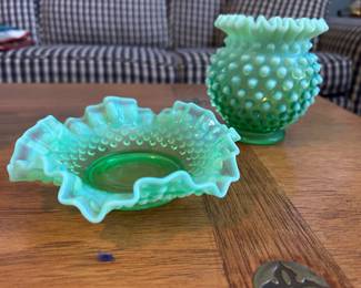 Fenton Emerald Green Hobnail Candy Dish and Vase