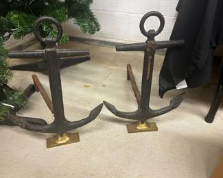 Cast Iron and Brass Anchor Andirons