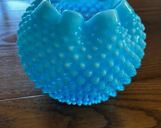 Fenton Blue Opalescent Hobnail Vase with Ruffled Edge