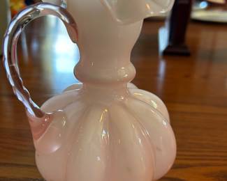 Fenton Pink and White Mellon Pitcher Vase w Ruffled Top