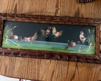 Mexican Folk Art Rooster Print in Carved Frame