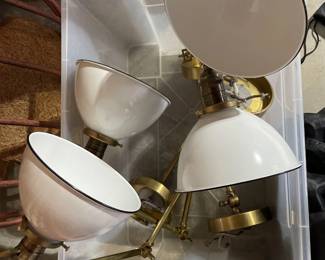 Need to see these in person! Wall fixture enameled metal lamps. These will never go out of style.