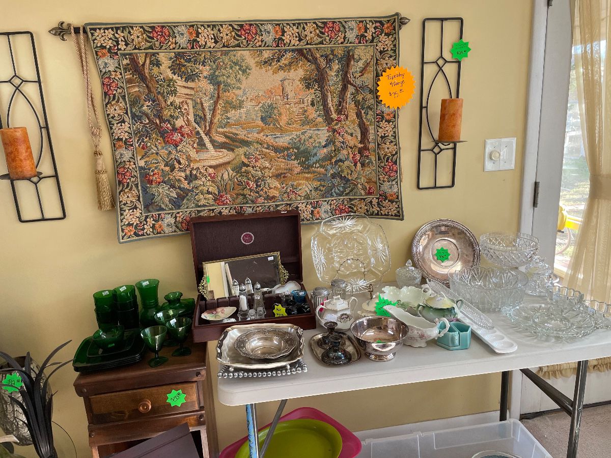 Vintage glassware, carnival glass, wall tapestry