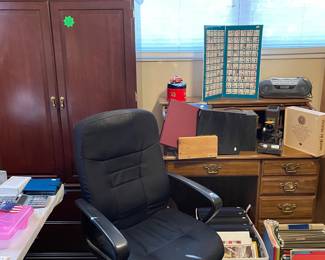 Computer chair, desk, armoire