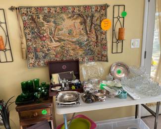 Vintage glassware, carnival glass, wall tapestry