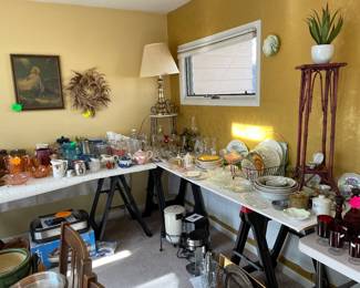 Vintage pitchers, thrown pottery, appliances