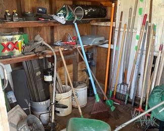 Yard tools, shovels, wheel barrows,