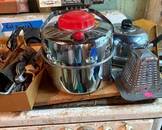 Metal water jug , antique toaster 